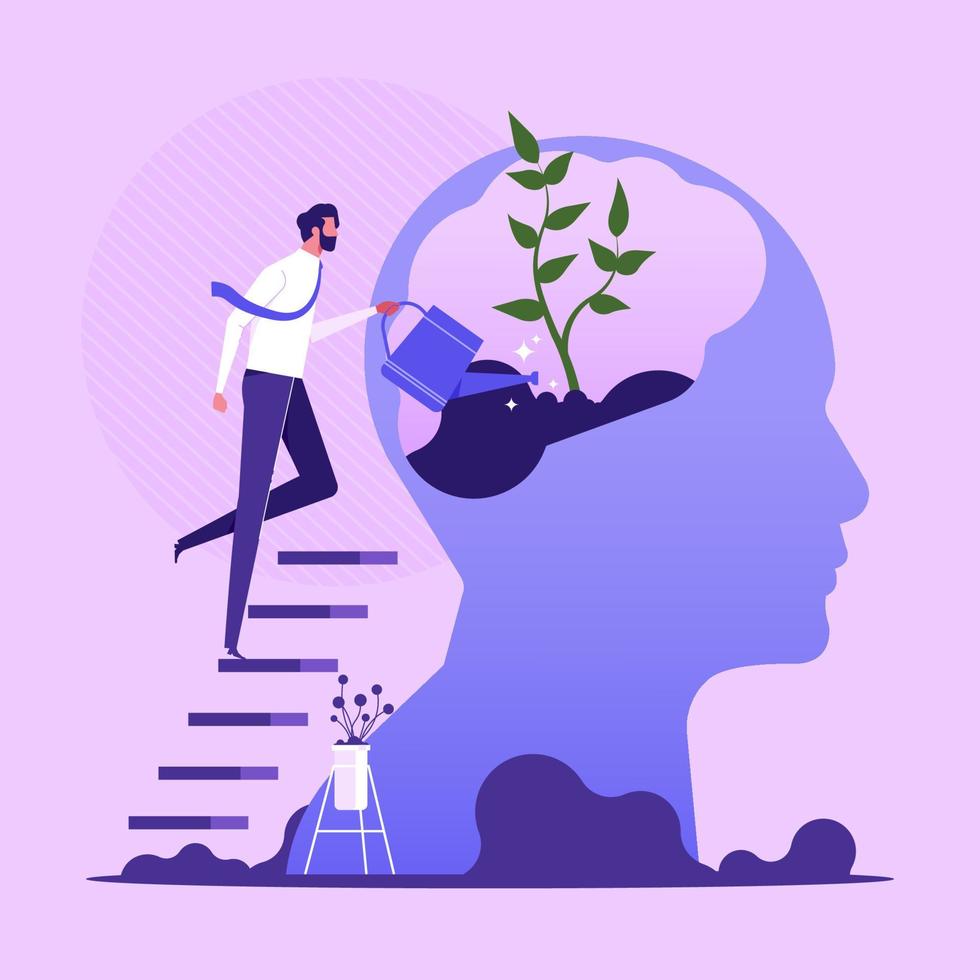 personal-growth-self-improvement-and-self-development-concept-man-watering-that-growing-plant-from-the-brain-as-metaphor-growth-personality-flat-illustration-vector
